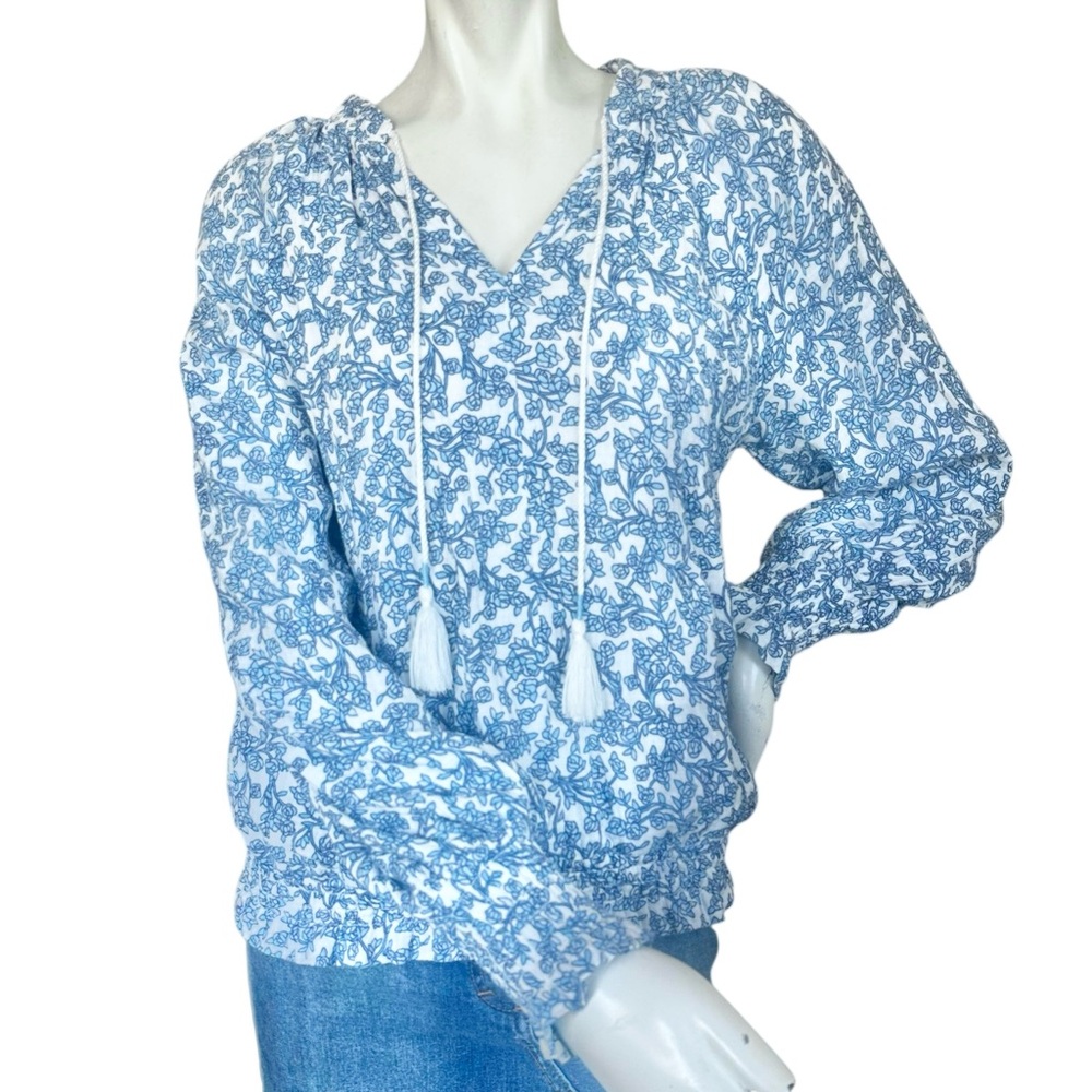 Anthropologie Porridge White & Blue Floral Smock Trim Muslin Cotton Blouse Small